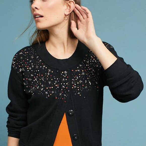 Anthropologie Beaded Stars Cardigan Sweater Womens Small Black Crop Snap Front - Picture 7 of 8